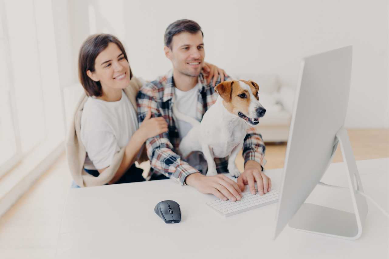 couple on computer getting solar panel loan