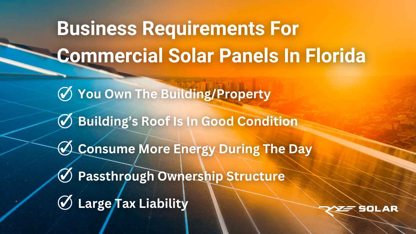 commercial solar panel array in Florida with requirements for installation written over image