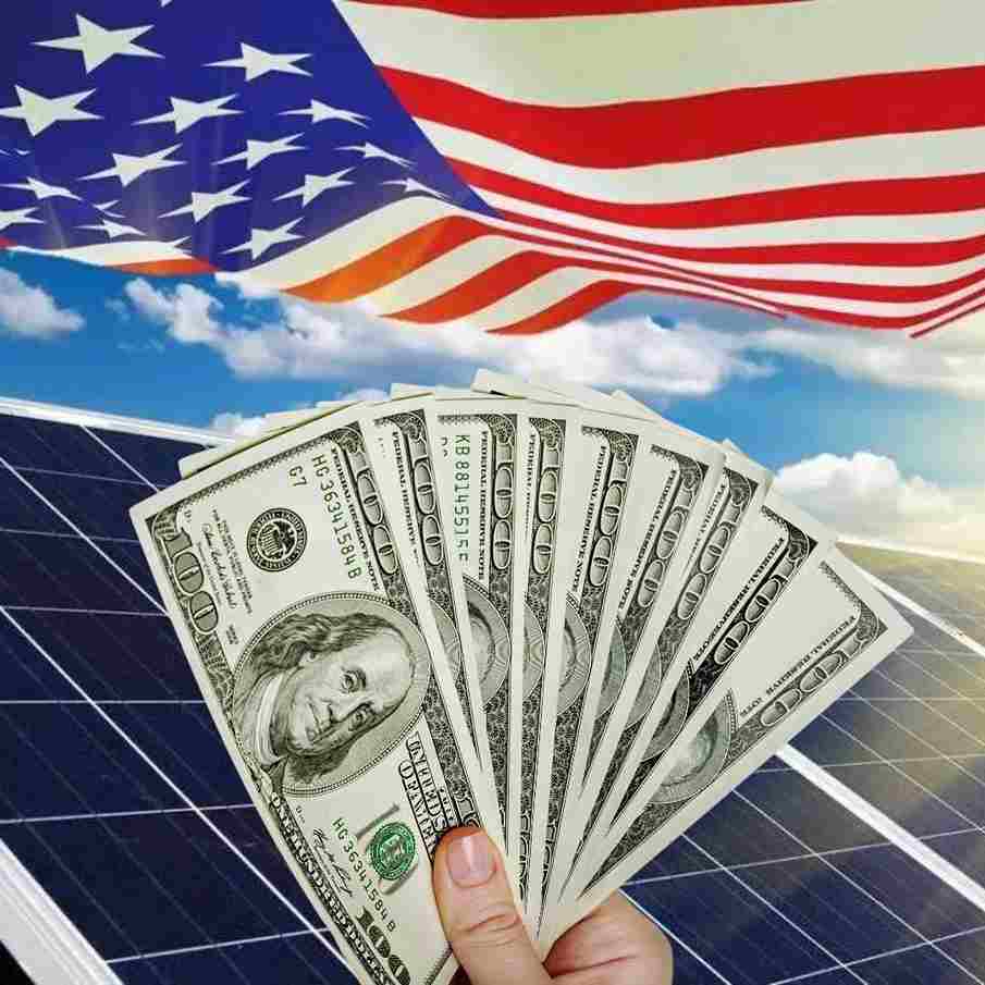 home solar panels with american flag in sky and hand holding money showing savings when you go solar